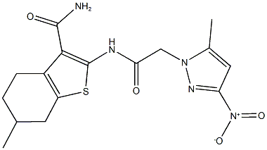 2-[({3-nitro-5-methyl-1H-pyrazol-1-yl}acetyl)amino]-6-methyl-4,5,6,7-tetrahydro-1-benzothiophene-3-carboxamide Struktur