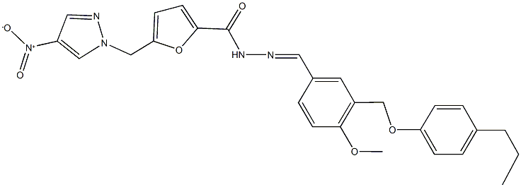 5-({4-nitro-1H-pyrazol-1-yl}methyl)-N'-{4-methoxy-3-[(4-propylphenoxy)methyl]benzylidene}-2-furohydrazide Struktur