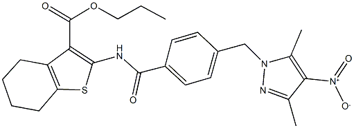 propyl 2-{[4-({4-nitro-3,5-dimethyl-1H-pyrazol-1-yl}methyl)benzoyl]amino}-4,5,6,7-tetrahydro-1-benzothiophene-3-carboxylate Struktur