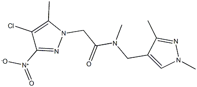 2-{4-chloro-3-nitro-5-methyl-1H-pyrazol-1-yl}-N-[(1,3-dimethyl-1H-pyrazol-4-yl)methyl]-N-methylacetamide Struktur