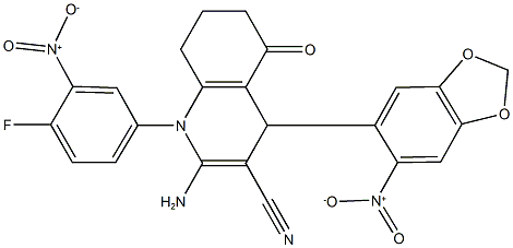 2-amino-1-{4-fluoro-3-nitrophenyl}-4-{6-nitro-1,3-benzodioxol-5-yl}-5-oxo-1,4,5,6,7,8-hexahydro-3-quinolinecarbonitrile Struktur