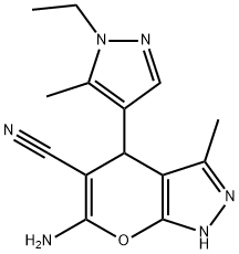 6-amino-4-(1-ethyl-5-methyl-1H-pyrazol-4-yl)-3-methyl-1,4-dihydropyrano[2,3-c]pyrazole-5-carbonitrile Struktur