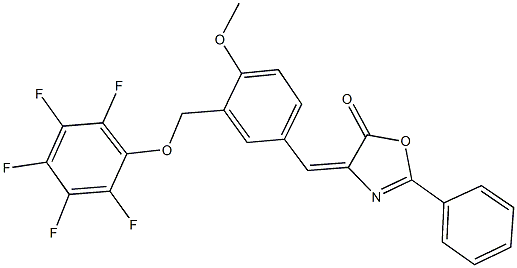 4-{4-methoxy-3-[(2,3,4,5,6-pentafluorophenoxy)methyl]benzylidene}-2-phenyl-1,3-oxazol-5(4H)-one Struktur