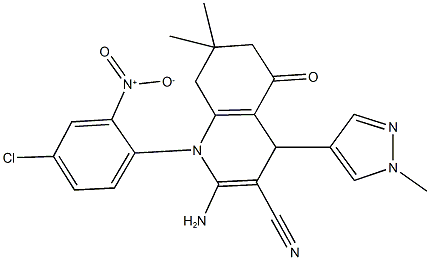 2-amino-1-{4-chloro-2-nitrophenyl}-7,7-dimethyl-4-(1-methyl-1H-pyrazol-4-yl)-5-oxo-1,4,5,6,7,8-hexahydroquinoline-3-carbonitrile Struktur