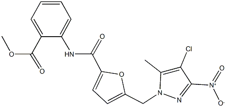 methyl 2-{[5-({4-chloro-3-nitro-5-methyl-1H-pyrazol-1-yl}methyl)-2-furoyl]amino}benzoate Struktur