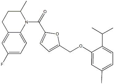 {5-[(6-fluoro-2-methyl-3,4-dihydro-1(2H)-quinolinyl)carbonyl]-2-furyl}methyl 2-isopropyl-5-methylphenyl ether Struktur