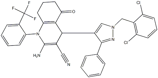 2-amino-4-[1-(2,6-dichlorobenzyl)-3-phenyl-1H-pyrazol-4-yl]-5-oxo-1-[2-(trifluoromethyl)phenyl]-1,4,5,6,7,8-hexahydro-3-quinolinecarbonitrile Structure