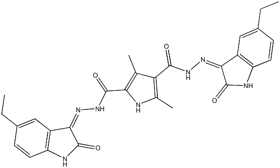 N'~2~,N'~4~-bis(5-ethyl-2-oxo-1,2-dihydro-3H-indol-3-ylidene)-3,5-dimethyl-1H-pyrrole-2,4-dicarbohydrazide Struktur