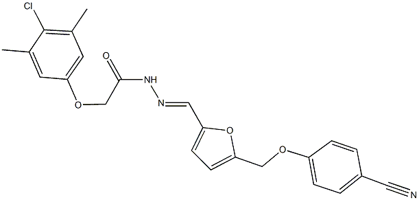 2-(4-chloro-3,5-dimethylphenoxy)-N'-({5-[(4-cyanophenoxy)methyl]-2-furyl}methylene)acetohydrazide Struktur