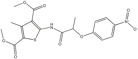 dimethyl 5-[(2-{4-nitrophenoxy}propanoyl)amino]-3-methyl-2,4-thiophenedicarboxylate Struktur