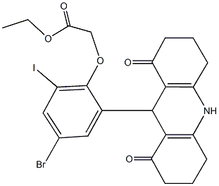 ethyl [4-bromo-2-(1,8-dioxo-1,2,3,4,5,6,7,8,9,10-decahydro-9-acridinyl)-6-iodophenoxy]acetate Struktur