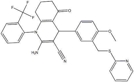 2-amino-4-{4-methoxy-3-[(2-pyridinylsulfanyl)methyl]phenyl}-5-oxo-1-[2-(trifluoromethyl)phenyl]-1,4,5,6,7,8-hexahydro-3-quinolinecarbonitrile Struktur