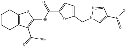 2-{[5-({4-nitro-1H-pyrazol-1-yl}methyl)-2-furoyl]amino}-4,5,6,7-tetrahydro-1-benzothiophene-3-carboxamide Struktur