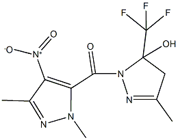 1-({4-nitro-1,3-dimethyl-1H-pyrazol-5-yl}carbonyl)-3-methyl-5-(trifluoromethyl)-4,5-dihydro-1H-pyrazol-5-ol Struktur