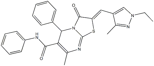 2-[(1-ethyl-3-methyl-1H-pyrazol-4-yl)methylene]-7-methyl-3-oxo-N,5-diphenyl-2,3-dihydro-5H-[1,3]thiazolo[3,2-a]pyrimidine-6-carboxamide Struktur