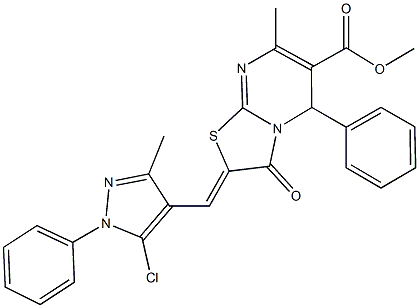 methyl 2-[(5-chloro-3-methyl-1-phenyl-1H-pyrazol-4-yl)methylene]-7-methyl-3-oxo-5-phenyl-2,3-dihydro-5H-[1,3]thiazolo[3,2-a]pyrimidine-6-carboxylate Struktur