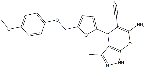 6-amino-4-{5-[(4-methoxyphenoxy)methyl]-2-furyl}-3-methyl-1,4-dihydropyrano[2,3-c]pyrazole-5-carbonitrile Struktur