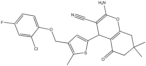 2-amino-4-{4-[(2-chloro-4-fluorophenoxy)methyl]-5-methyl-2-thienyl}-7,7-dimethyl-5-oxo-5,6,7,8-tetrahydro-4H-chromene-3-carbonitrile Struktur