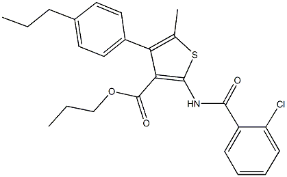 propyl 2-[(2-chlorobenzoyl)amino]-5-methyl-4-(4-propylphenyl)-3-thiophenecarboxylate Struktur