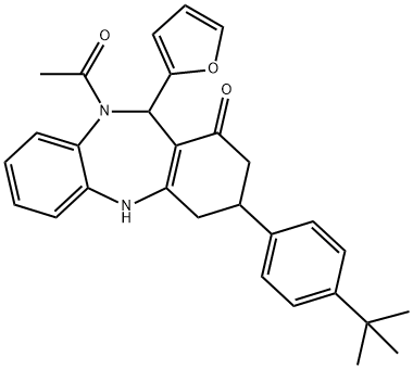 10-acetyl-3-(4-tert-butylphenyl)-11-(2-furyl)-2,3,4,5,10,11-hexahydro-1H-dibenzo[b,e][1,4]diazepin-1-one Struktur