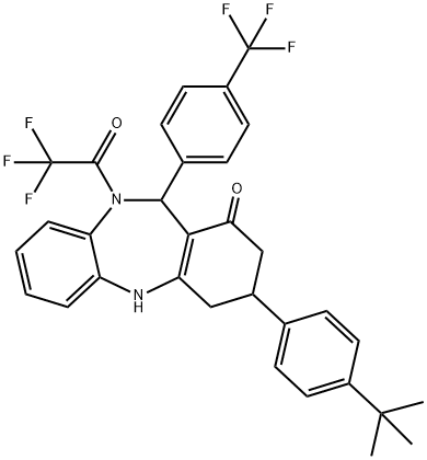 3-(4-tert-butylphenyl)-10-(trifluoroacetyl)-11-[4-(trifluoromethyl)phenyl]-2,3,4,5,10,11-hexahydro-1H-dibenzo[b,e][1,4]diazepin-1-one Struktur