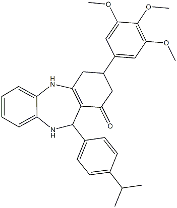 11-(4-isopropylphenyl)-3-(3,4,5-trimethoxyphenyl)-2,3,4,5,10,11-hexahydro-1H-dibenzo[b,e][1,4]diazepin-1-one Struktur