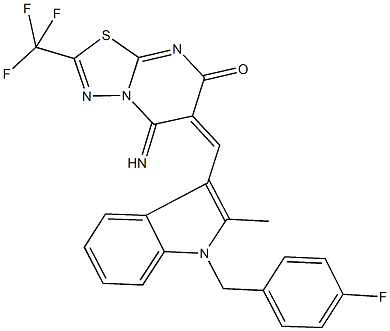 6-{[1-(4-fluorobenzyl)-2-methyl-1H-indol-3-yl]methylene}-5-imino-2-(trifluoromethyl)-5,6-dihydro-7H-[1,3,4]thiadiazolo[3,2-a]pyrimidin-7-one Struktur