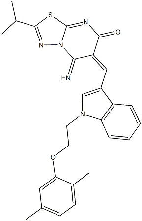 6-({1-[2-(2,5-dimethylphenoxy)ethyl]-1H-indol-3-yl}methylene)-5-imino-2-isopropyl-5,6-dihydro-7H-[1,3,4]thiadiazolo[3,2-a]pyrimidin-7-one Struktur