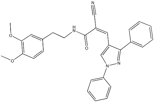 2-cyano-N-[2-(3,4-dimethoxyphenyl)ethyl]-3-(1,3-diphenyl-1H-pyrazol-4-yl)acrylamide Struktur