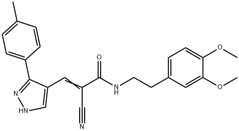 2-cyano-N-[2-(3,4-dimethoxyphenyl)ethyl]-3-[3-(4-methylphenyl)-1H-pyrazol-4-yl]acrylamide Struktur