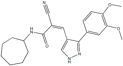 2-cyano-N-cycloheptyl-3-[3-(3,4-dimethoxyphenyl)-1H-pyrazol-4-yl]acrylamide Struktur