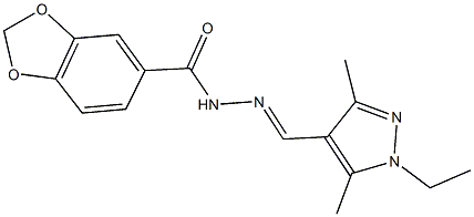 N'-[(1-ethyl-3,5-dimethyl-1H-pyrazol-4-yl)methylene]-1,3-benzodioxole-5-carbohydrazide Struktur