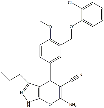 6-amino-4-{3-[(2-chlorophenoxy)methyl]-4-methoxyphenyl}-3-propyl-1,4-dihydropyrano[2,3-c]pyrazole-5-carbonitrile Struktur