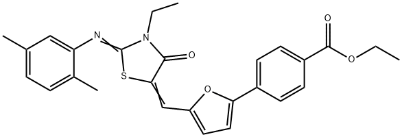 ethyl 4-[5-({2-[(2,5-dimethylphenyl)imino]-3-ethyl-4-oxo-1,3-thiazolidin-5-ylidene}methyl)-2-furyl]benzoate Struktur