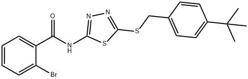 2-bromo-N-{5-[(4-tert-butylbenzyl)sulfanyl]-1,3,4-thiadiazol-2-yl}benzamide Struktur