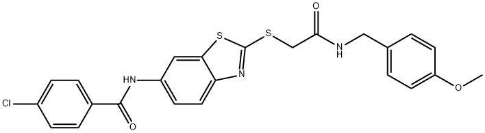 4-chloro-N-[2-({2-[(4-methoxybenzyl)amino]-2-oxoethyl}sulfanyl)-1,3-benzothiazol-6-yl]benzamide Struktur