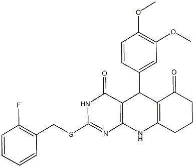 5-(3,4-dimethoxyphenyl)-2-[(2-fluorobenzyl)sulfanyl]-5,8,9,10-tetrahydropyrimido[4,5-b]quinoline-4,6(3H,7H)-dione Struktur