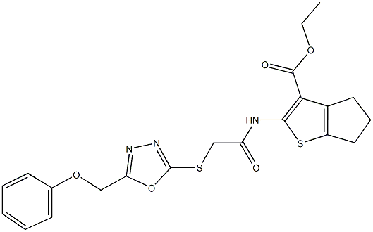 ethyl 2-[({[5-(phenoxymethyl)-1,3,4-oxadiazol-2-yl]sulfanyl}acetyl)amino]-5,6-dihydro-4H-cyclopenta[b]thiophene-3-carboxylate Struktur