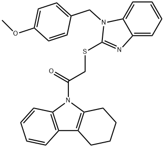 methyl 4-[(2-{[2-oxo-2-(1,2,3,4-tetrahydro-9H-carbazol-9-yl)ethyl]sulfanyl}-1H-benzimidazol-1-yl)methyl]phenyl ether Struktur