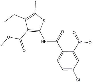 methyl 2-({4-chloro-2-nitrobenzoyl}amino)-4-ethyl-5-methyl-3-thiophenecarboxylate Struktur