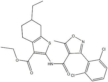 ethyl 2-({[3-(2,6-dichlorophenyl)-5-methyl-4-isoxazolyl]carbonyl}amino)-6-ethyl-4,5,6,7-tetrahydro-1-benzothiophene-3-carboxylate Struktur