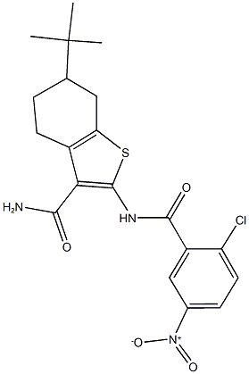 6-tert-butyl-2-({2-chloro-5-nitrobenzoyl}amino)-4,5,6,7-tetrahydro-1-benzothiophene-3-carboxamide Struktur