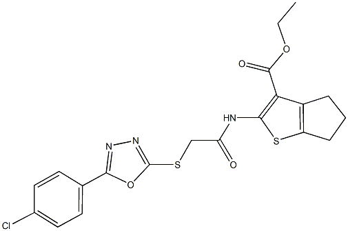 ethyl 2-[({[5-(4-chlorophenyl)-1,3,4-oxadiazol-2-yl]sulfanyl}acetyl)amino]-5,6-dihydro-4H-cyclopenta[b]thiophene-3-carboxylate Struktur