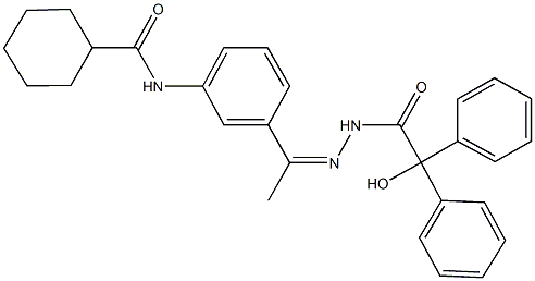 N-(3-{N-[hydroxy(diphenyl)acetyl]ethanehydrazonoyl}phenyl)cyclohexanecarboxamide Struktur