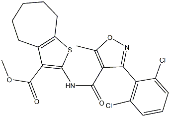 methyl 2-({[3-(2,6-dichlorophenyl)-5-methyl-4-isoxazolyl]carbonyl}amino)-5,6,7,8-tetrahydro-4H-cyclohepta[b]thiophene-3-carboxylate Struktur