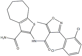 N-[3-(aminocarbonyl)-5,6,7,8-tetrahydro-4H-cyclohepta[b]thien-2-yl]-3-(2,6-dichlorophenyl)-5-methyl-4-isoxazolecarboxamide Struktur