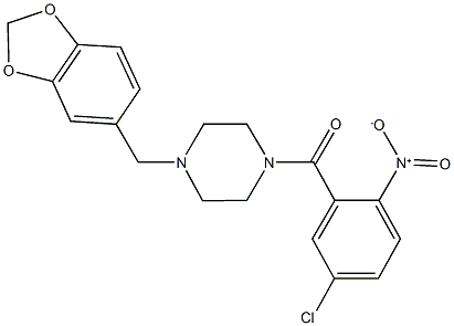 1-(1,3-benzodioxol-5-ylmethyl)-4-{5-chloro-2-nitrobenzoyl}piperazine Struktur