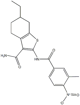 6-ethyl-2-({4-nitro-3-methylbenzoyl}amino)-4,5,6,7-tetrahydro-1-benzothiophene-3-carboxamide Struktur