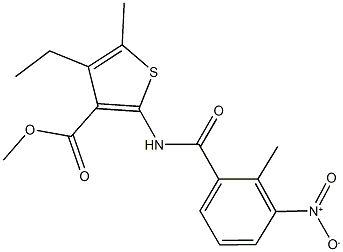 methyl 4-ethyl-2-({3-nitro-2-methylbenzoyl}amino)-5-methyl-3-thiophenecarboxylate Struktur