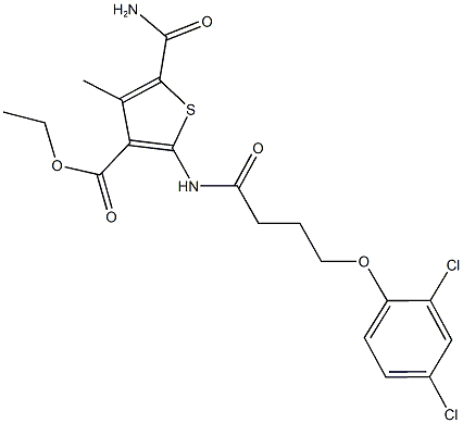 ethyl 5-(aminocarbonyl)-2-{[4-(2,4-dichlorophenoxy)butanoyl]amino}-4-methyl-3-thiophenecarboxylate Struktur